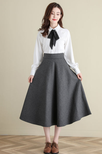 Grey Midi Wool Skirt, A Line Wool Skirt, High Waist wool Skirt C252101