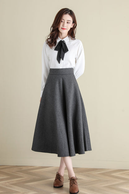 Grey Midi Wool Skirt, A Line Wool Skirt, High Waist wool Skirt C252101