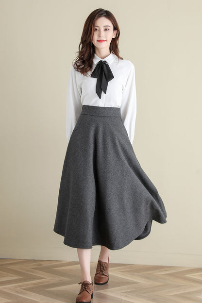 Grey Midi Wool Skirt, A Line Wool Skirt, High Waist wool Skirt C252101