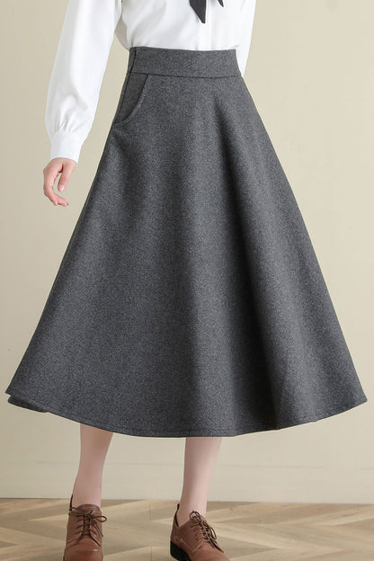 Grey Midi Wool Skirt, A Line Wool Skirt, High Waist wool Skirt C252101