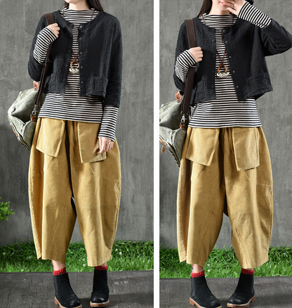 Yellow Elastic Waist Corduroy Pants C2441