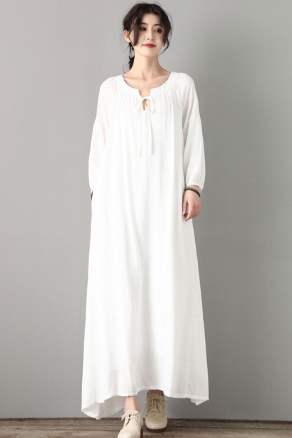 Loose Maxi Maternity White Cotton Linen Dress C1809