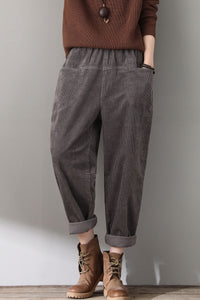 Gray Casual Elastic Waist Corduroy Pants C181501