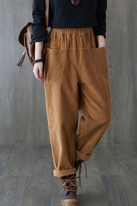 Brown Casual Elastic Waist Corduroy Pants C181801