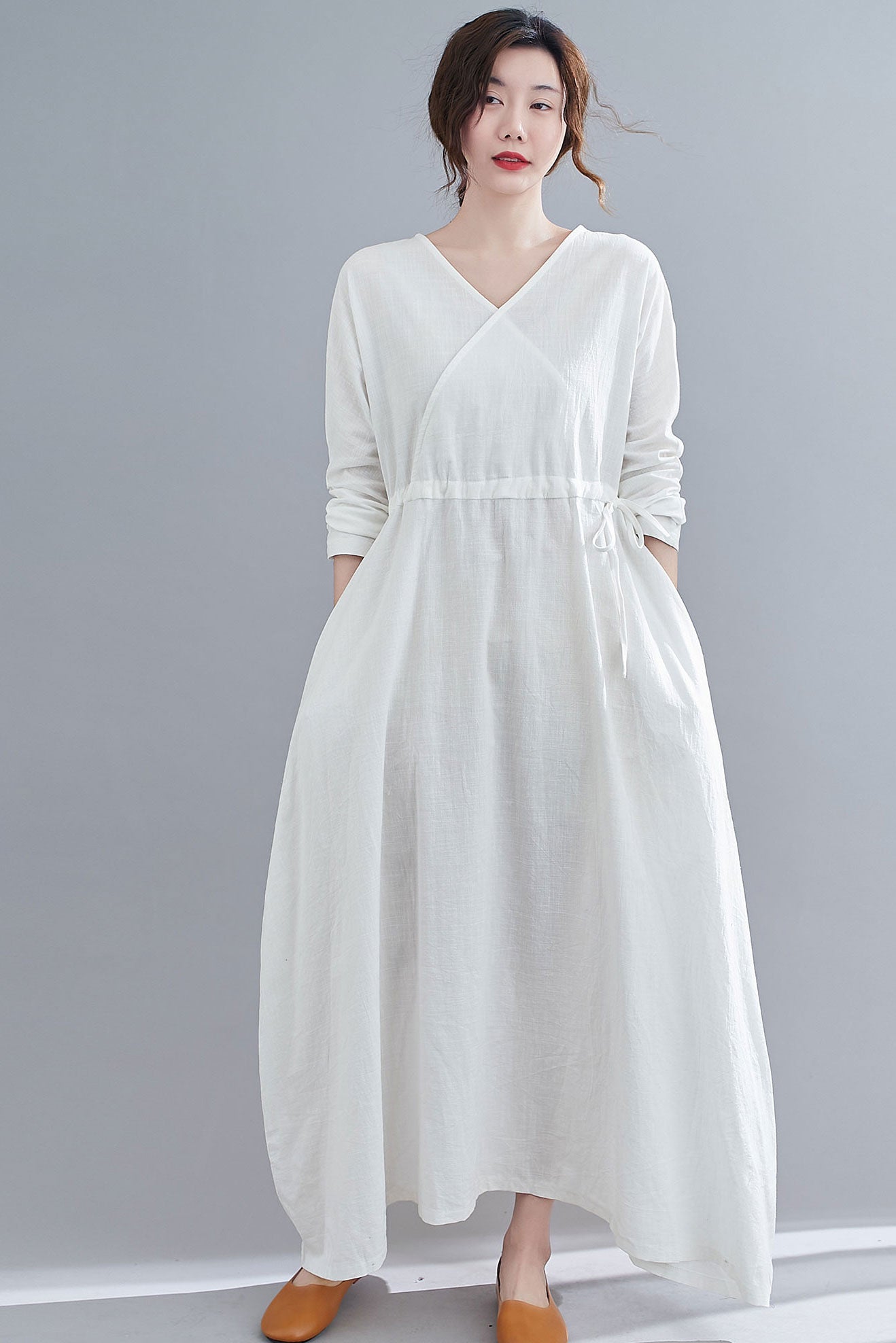 Casual White Maxi Linen Dresses C1836