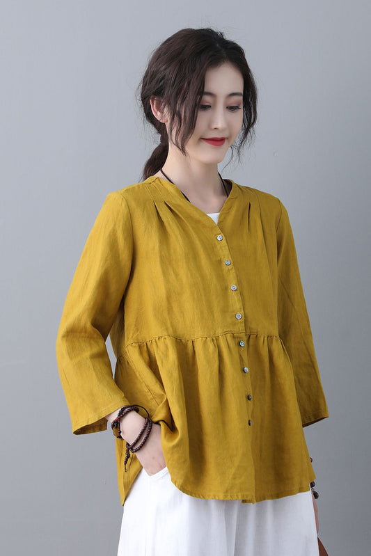 Women Casual Long Sleeves Linen Shirt Tops C1849