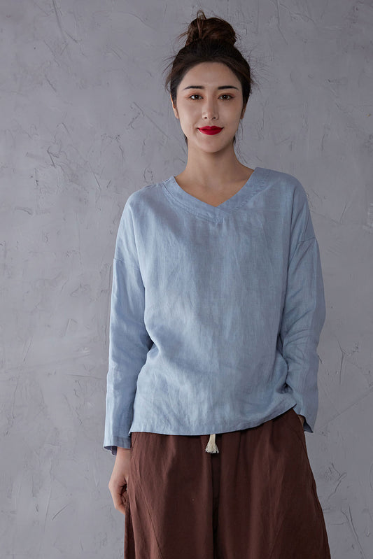 Blue Basic Oversize Linen Top C1911