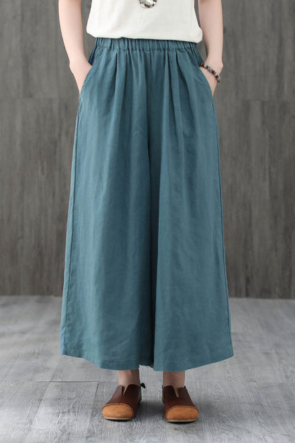 Blue Crop Wide Leg Elastic Waist Linen Pants C1948