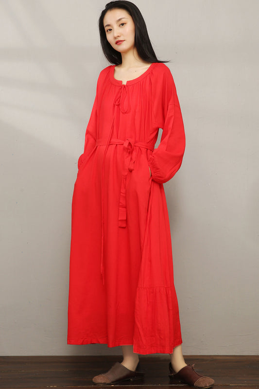 Red Loose Maxi Cotton Linen Dress C1979