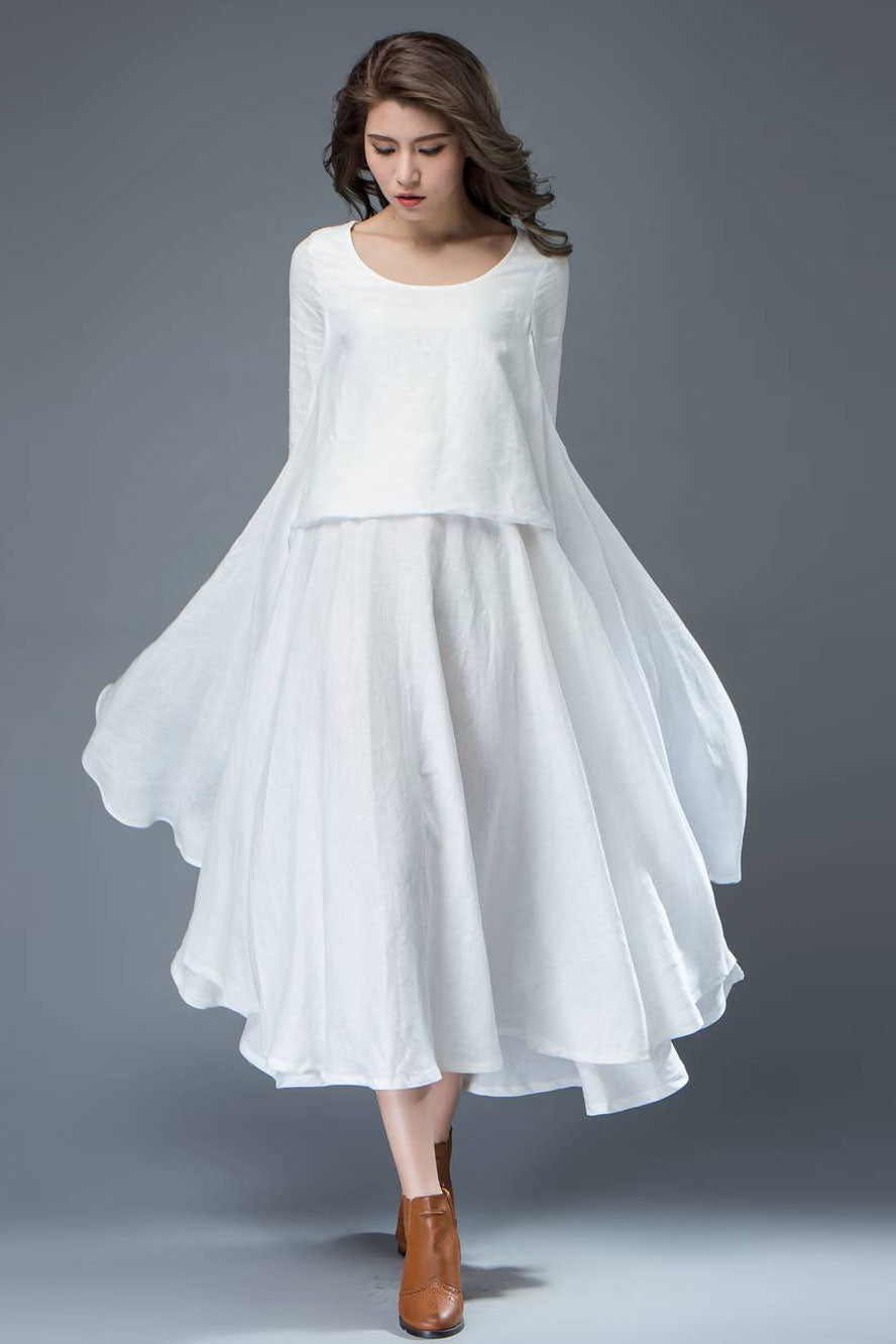 White long sleeve linen dress C819