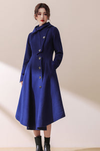 Asymmetric Hooded wool jacket coat In Blue C1780