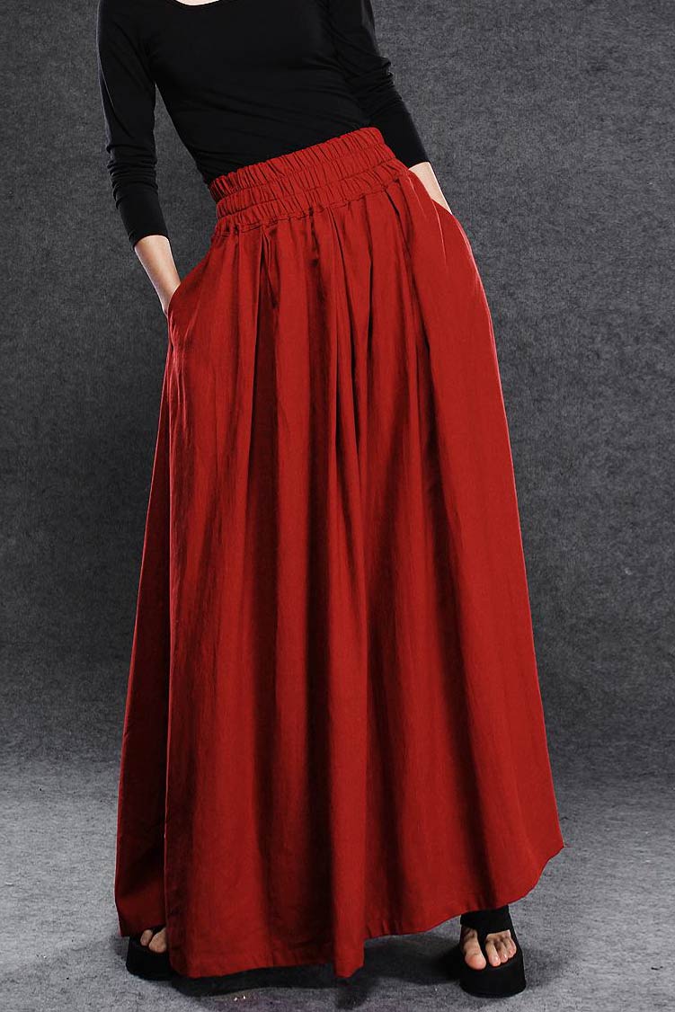 elastic waist red linen maxi skirt C054