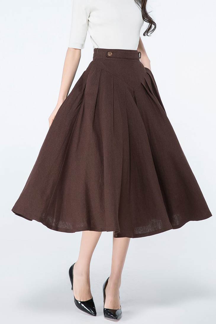 Brown A Line Midi Linen Skirt C1064#