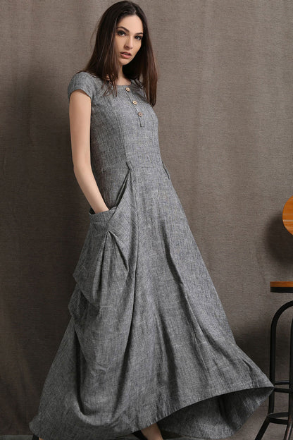 Grey Linen Asymmetric Dress C427 - Grey / L Grey Linen Asymmetric Dress C427 - Grey / L