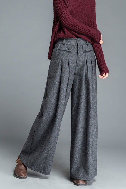 pleated long Wool palazzo pants C1206