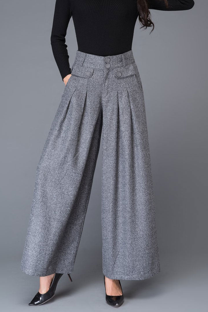 Gray wool wide leg pants C1001