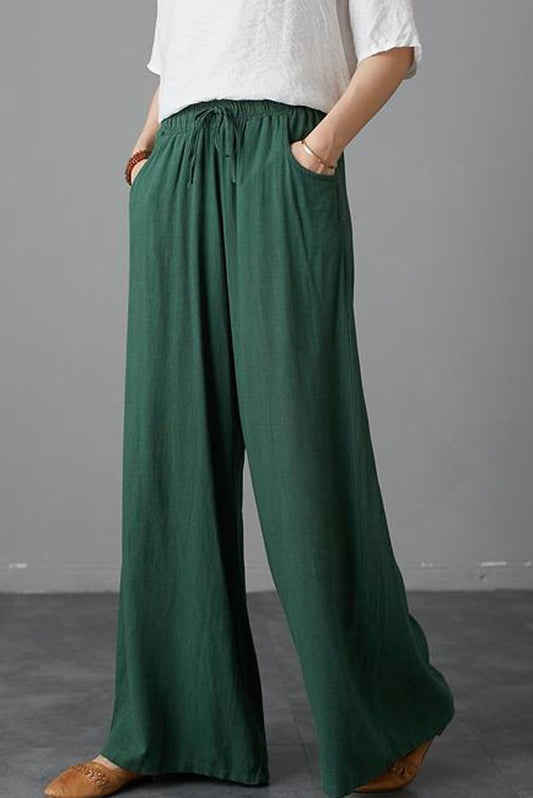 Green Elastic Waist Drawstring Wide Palazzo Linen Pants C1988