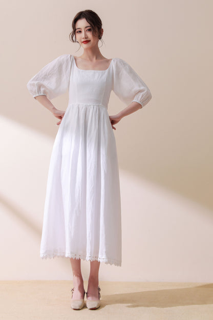 White wedding linen party dress C2891