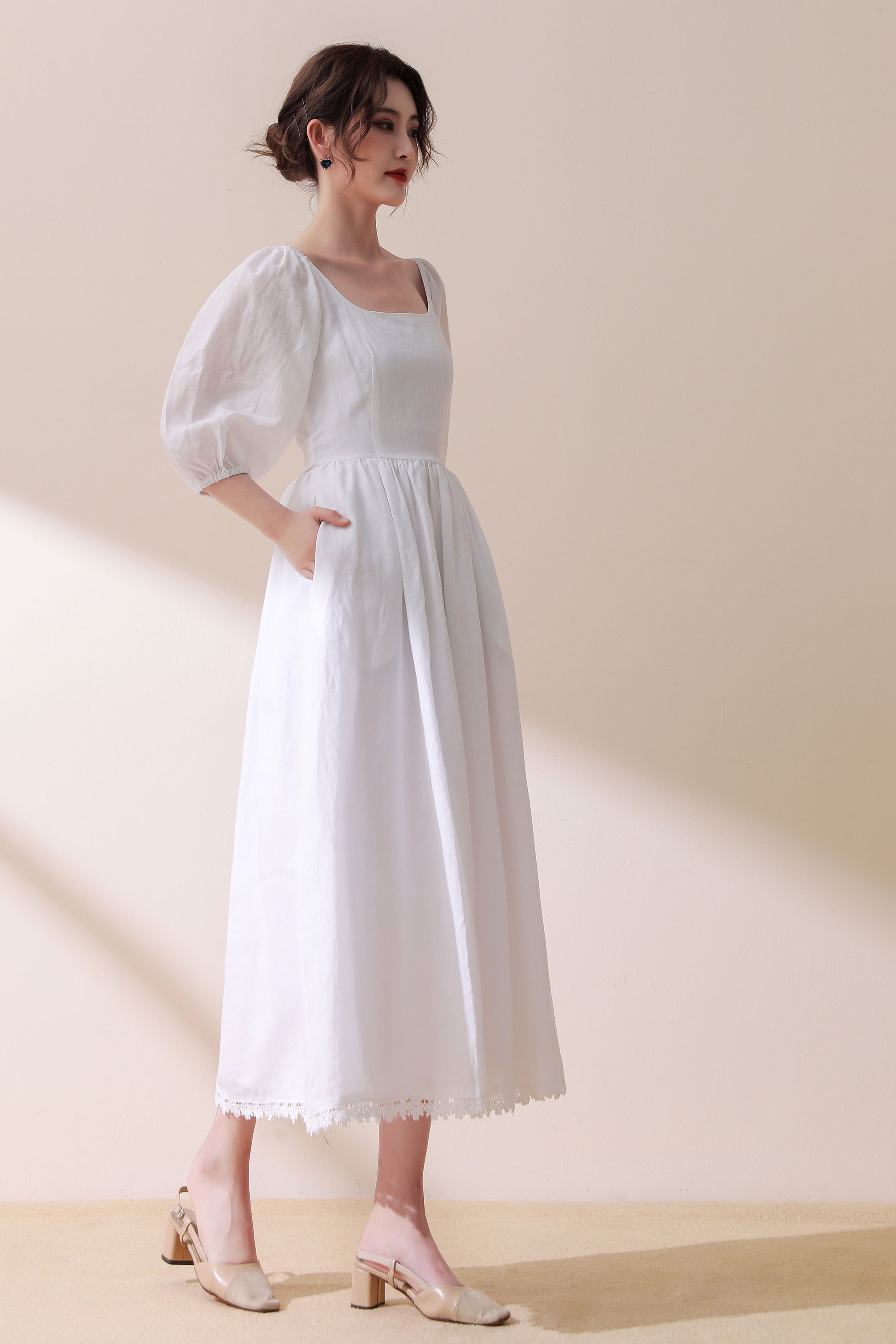 white linen fit and flare dress Boho Linen Wedding Dress: Fit & Flare Midi With Pockets