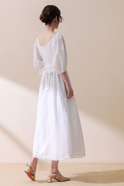 White wedding linen party dress C2891