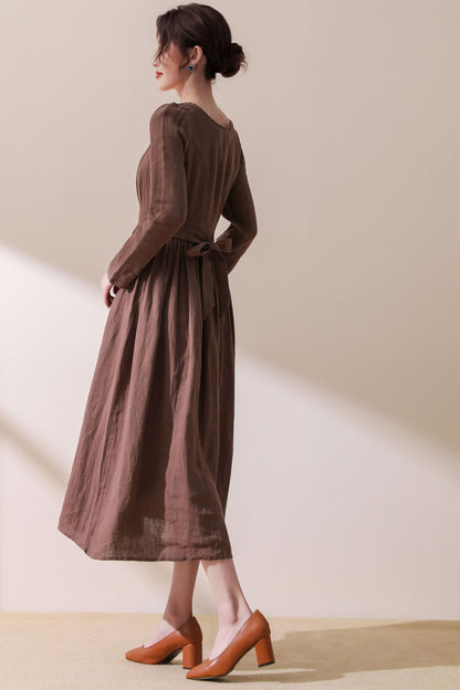 vintage inspired brown linen party dress  C1776