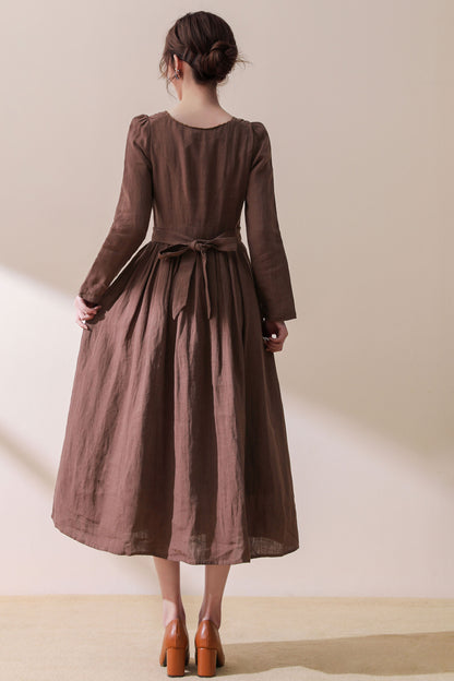 vintage inspired brown linen party dress  C1776