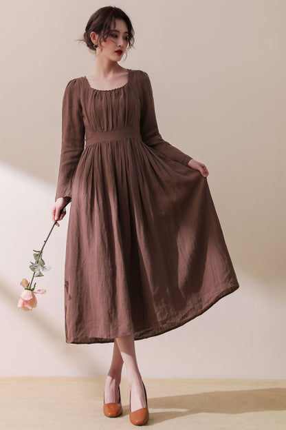 vintage inspired brown linen party dress  C1776