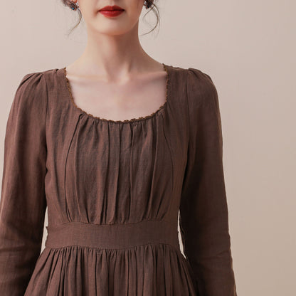 vintage inspired brown linen party dress  C1776