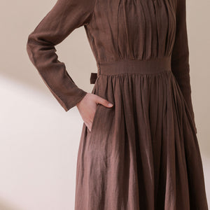 vintage inspired brown linen party dress  C1776