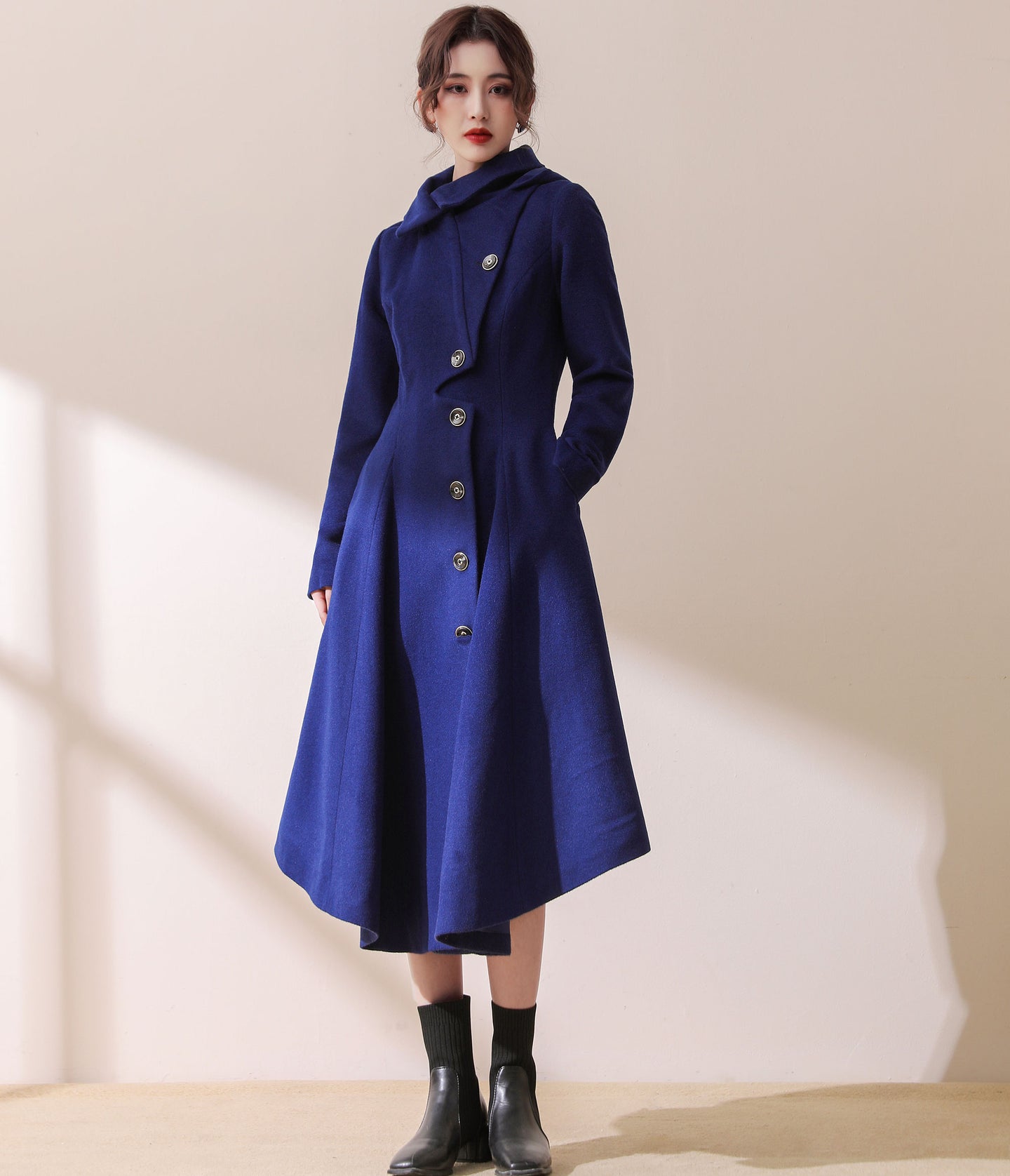 Asymmetric Hooded wool jacket coat In Blue C1780