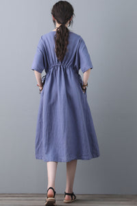 Summer Swing Blue Linen Casual Shirt Dress C1840
