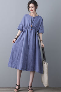 Summer Swing Blue Linen Casual Shirt Dress C1840