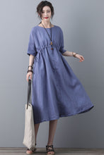 Load image into Gallery viewer, Summer Swing Blue Linen Casual Shirt Dress C1840
