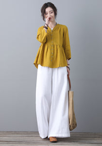 Women Casual Long Sleeves Linen Shirt Tops C1849