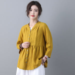 Women Casual Long Sleeves Linen Shirt Tops C1849