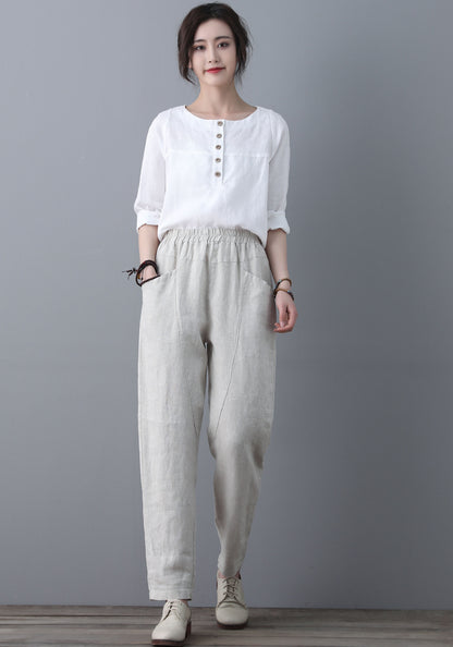 Casual Elastic Waist Cropped linen Pants C1863
