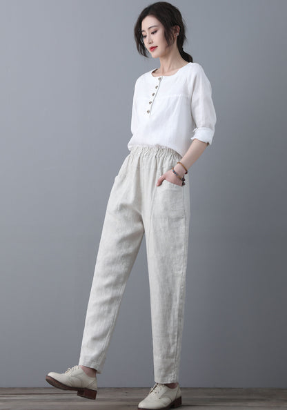 Casual Elastic Waist Cropped linen Pants C1863