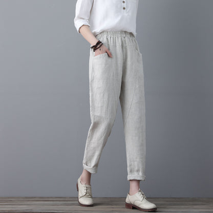 Casual Elastic Waist Cropped linen Pants C1863