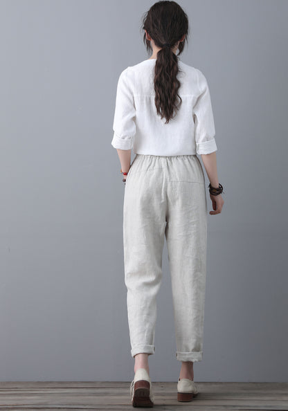 Casual Elastic Waist Cropped linen Pants C1863