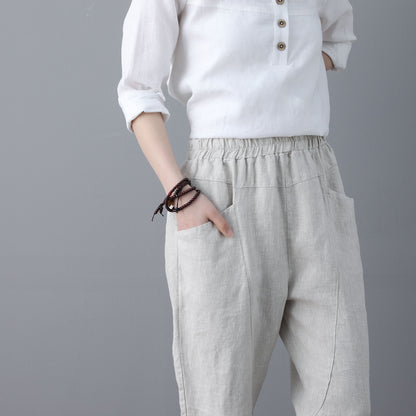Casual Elastic Waist Cropped linen Pants C1863