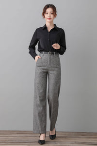 Gray Linen Pants, High Waist Long Pants C2551