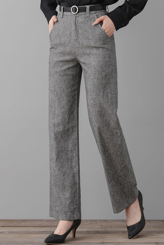 Gray Linen Pants, High Waist Long Pants C2551