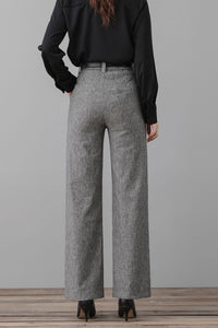 Gray Linen Pants, High Waist Long Pants C2551