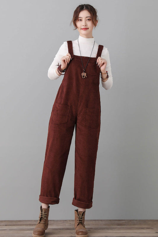 Women Wine Red Corduroy Overalls C2553#