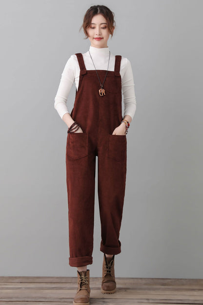Women Wine Red Corduroy Overalls C2553