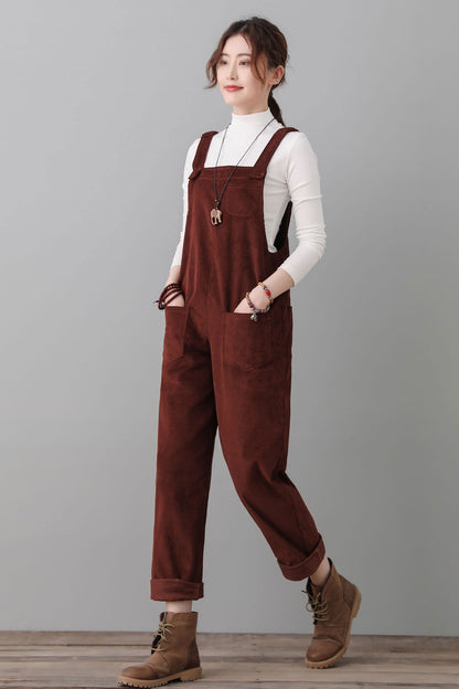 Women Wine Red Corduroy Overalls C2553