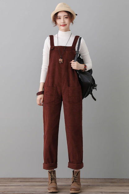 Women Wine Red Corduroy Overalls C2553