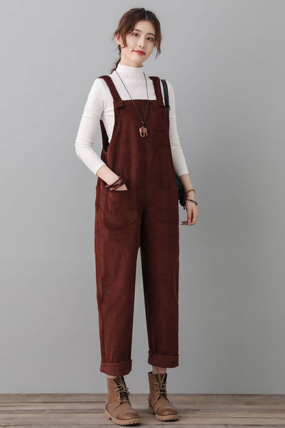 Women Wine Red Corduroy Overalls C2553