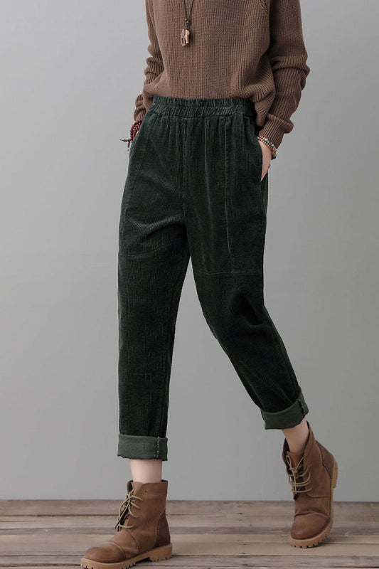 Women Green Corduroy Harem Pants C2555#