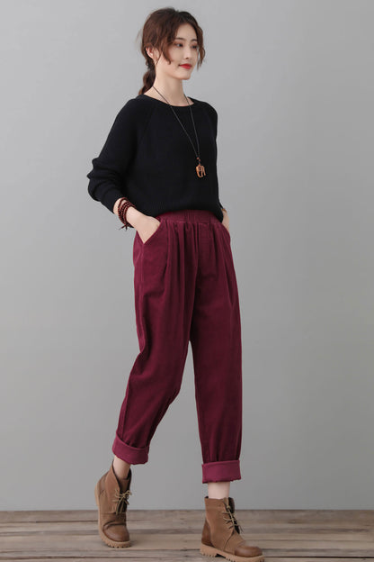 Burgundy Corduroy Pants Women C2556